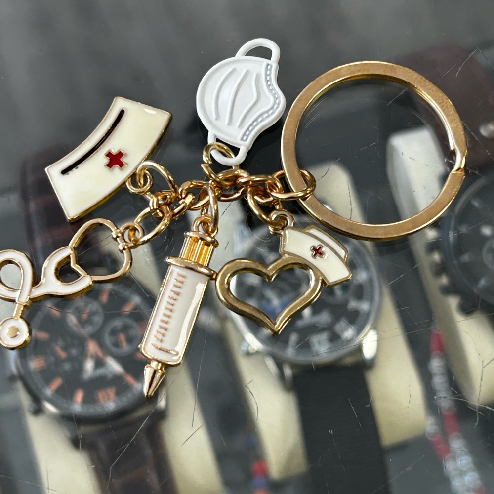 Gold and White Medical Charm Keychain